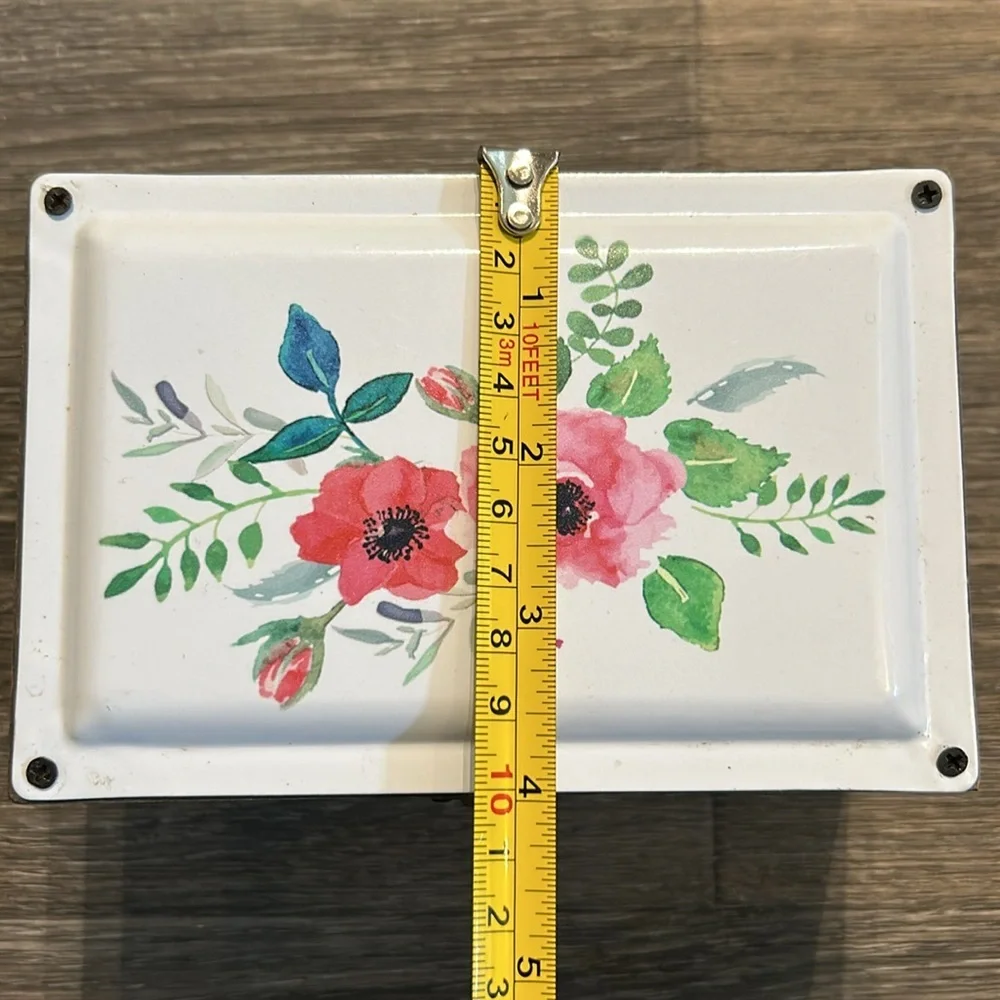 Wooden Trinket Jewelry Storage Box Floral Enamel Tin Top Metal Clasp Closure